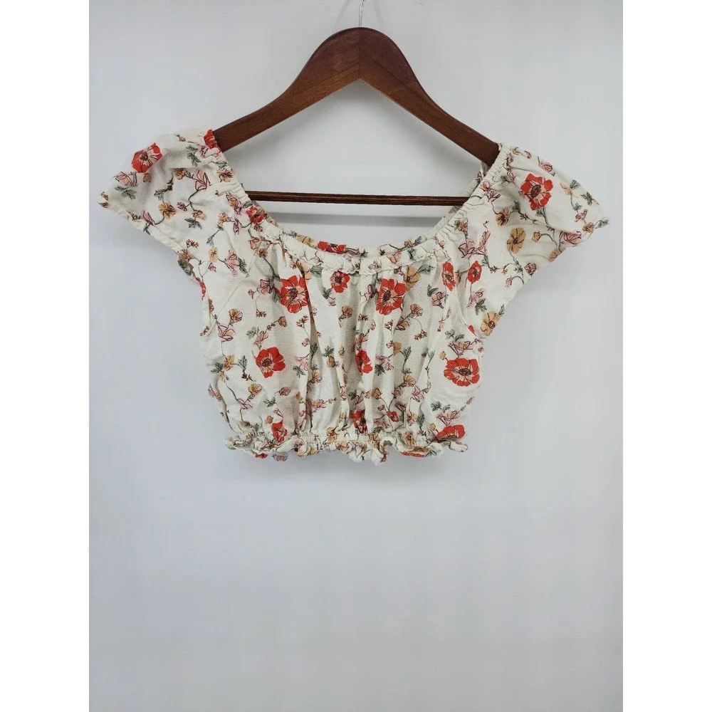 H&M Floral Smocked Crop Top and Pants Set Cream Red Size 12